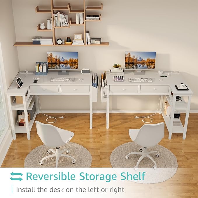 DLisiting Small White L Shaped Desk with Drawers &amp Storage Shelves 40 Inch Corner Desk with Power Outlet for Small Space Home Office Study Work PC Desks for Bedroom