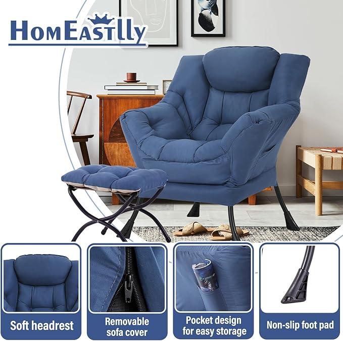 Lazy Chair with Ottoman Large Royal Blue Accent Chair with Ottoman Comfy Reading Armchair Leisure Sofa Chair for Living Room Bedroom Dorm Room Office