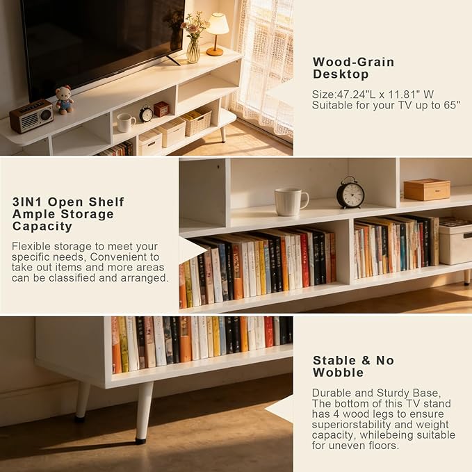 Lightdot 55 Inch TV Stand up to 65 Inch TVs Large Storage for Collection with 6 Open Shelves Sturdy Media Console Table for Living Room/Entrance/Kitchen/Sofa Cabinet Easy Assembly White