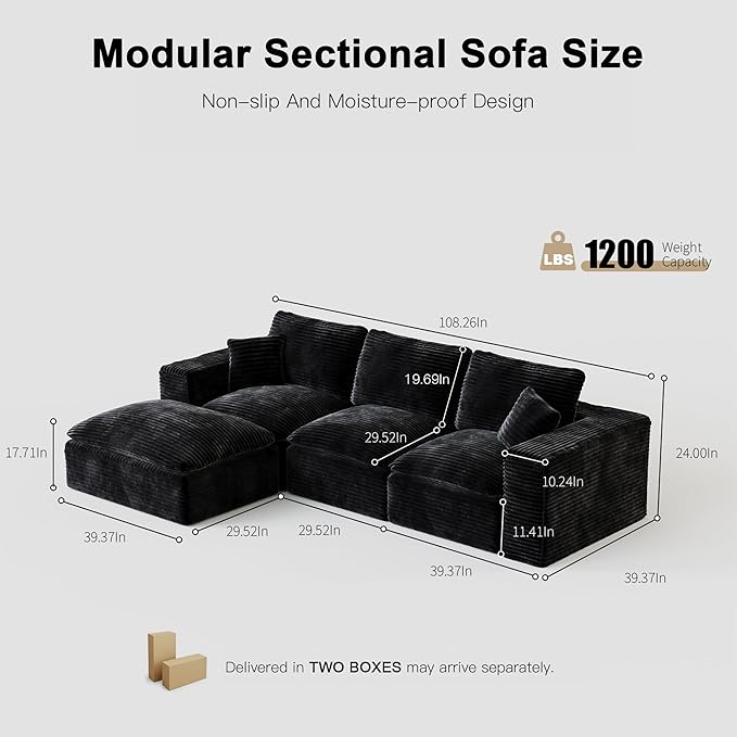 108'' Modular Sectional Sofa with Ottoman Corduroy Cloud Sectional Couches for Living Room High-Back Modern L Shaped Boneless Couch Deep Seat 3 Seater Sofa No Assembly Required Black