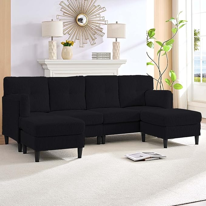 Mjkone Sectional Sofa Couch with Ottoman U Shape Sofa for Living Room Corduroy Convertrible Couches with Double Chaises 6 Seater Sofas for Living Room/Home Office/Guest (Black)