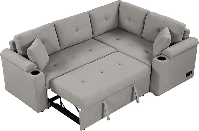 83 L-Shape Sofa Bed Pull-Out Sleeper Sofa with Wheels and Built-in Cup Holders Modern Button Tufted 3 Seater Sectional Corner Couch with Power Sockets for Living Room (Grey-s32)
