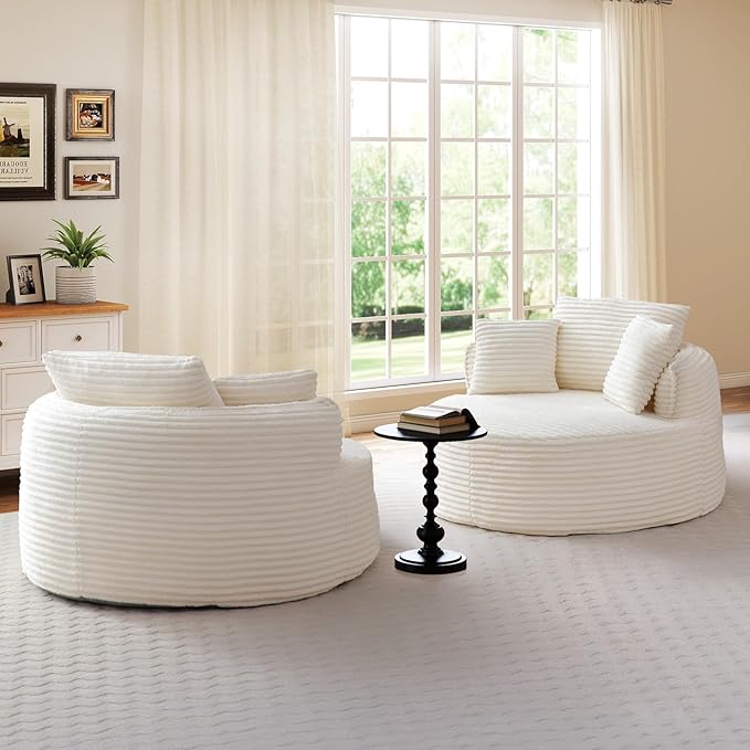 53-inch Boneless Round Chair Circle Corduroy Memory Foam Upholstered Chaise Lounge Indoor Comfy Reading Accent Deep Seat Sofa Chair for Living Room Bedroom Office No Assembly Required Beige