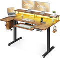 OffiGo U Shaped Electric Standing Desk with Keyboard Tray 55 Inch Height Adjustable Desk with Power Outlets &amp LED Lights Sit Stand Table with Monitor Stand for Home Office Rustic Brown