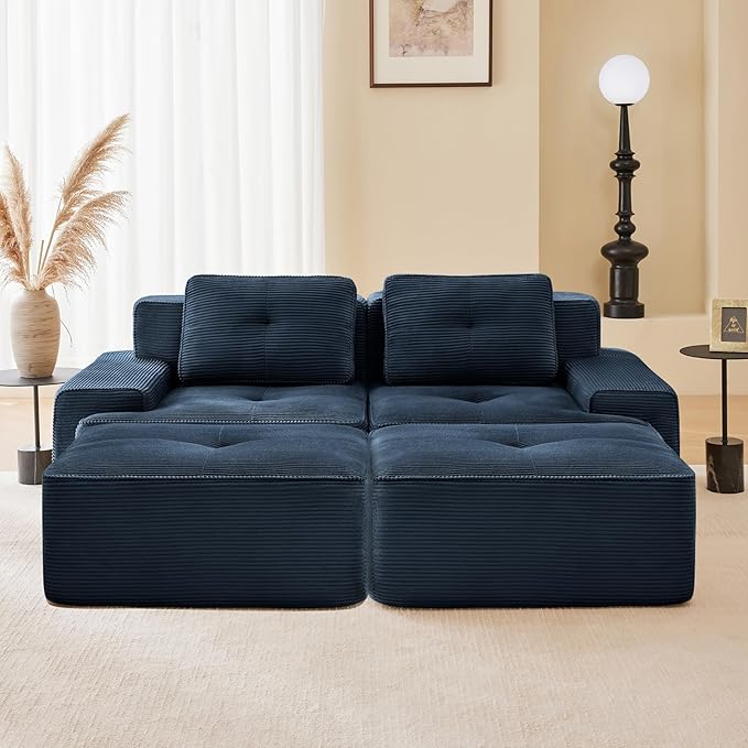 82 Modern Corduroy Boneless Love Seat Couches with 2 Ottomans 2 Seater Large Sectional Couches for Living Room Blue Cloud Modular Sectional Sofa Memory Foam Extra Deep Loveseat No Assembly