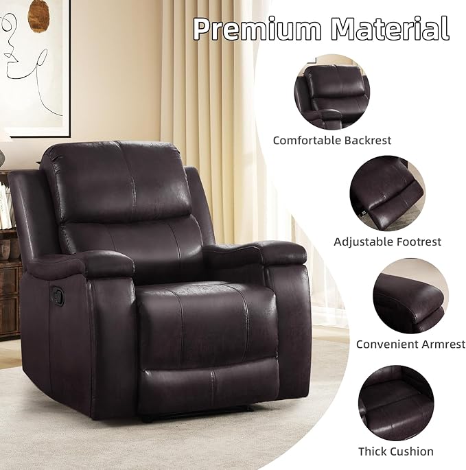 EBELLO Recliner Chair Single Overstuffed Sofa Recliner Breathable Faux Leather Manual Reclining Chairs with Hidden Cup Holder Arm and Back for Adults Living Room Bedroom Dark Brown