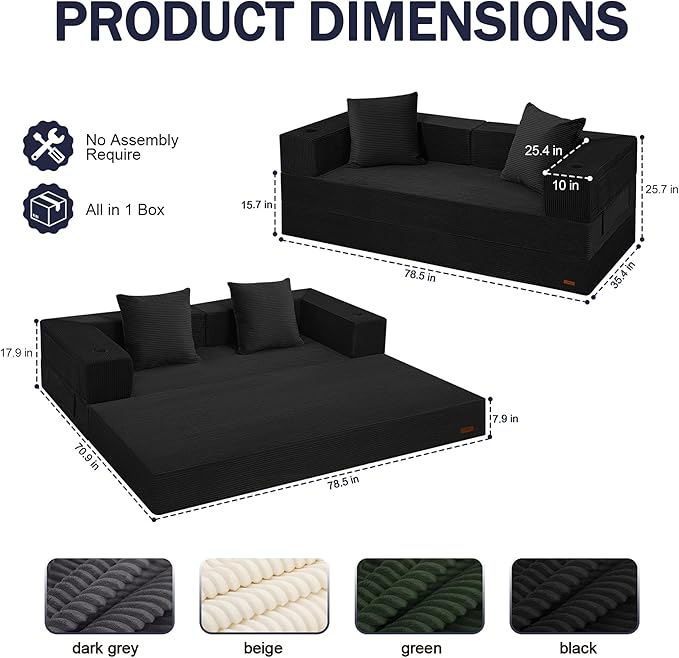 COMAX Boneless Couch Futon Sofa Bed Couches Versatile Queen for Living Room 79 4 in 1 Convertible Sleeper Corduroy Couch Foam in a Box Foldable Fold Out Floor Mattress No Assembly Required Black