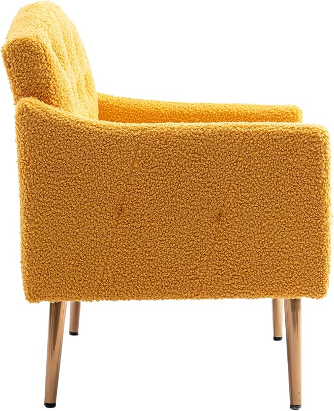 Modern Teddy Fabric Accent ChairUpholstered Button-Tufted Single SofaComfy Armchair Chair with Rose Golden Legsfor Living Room Bedroom Home Office (Mustard)
