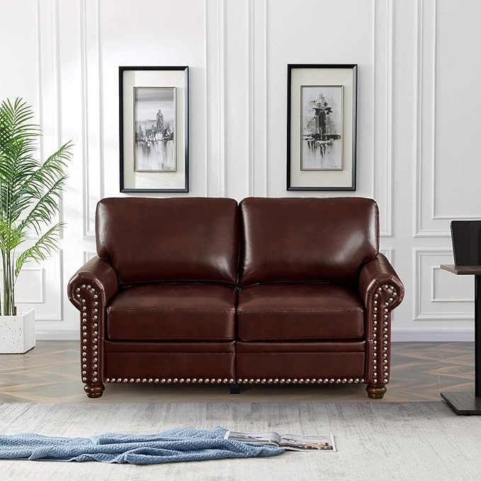 2 Piece Faux Leather Sofa SetModern Chair and Loveseat Sets with StorageMid Century Couch with Rivet Rolled ArmComfy Deep Seat SofaFurniture for Living RoomOffice(Armchair+LoveseatBurgundy)