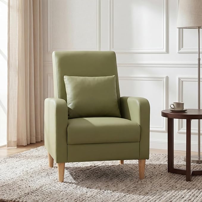 COLAMY Mid-Century Modern Upholstered Accent Chair with Back Pillow &amp Solid Wood Legs Leather Cozy Armchair for Living Room Bedroom Reading Nook Apartment &amp Small Spaces Green