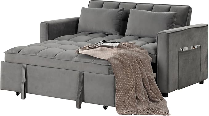 EBELLO 3 in 1 Convertible Sleeper Sofa Bed Modern Loveseat Couch Pullout Bed for Living Room Small Love Seat Lounge Sofa with Reclining Backrest Pillows and Side Storage PocketGrey