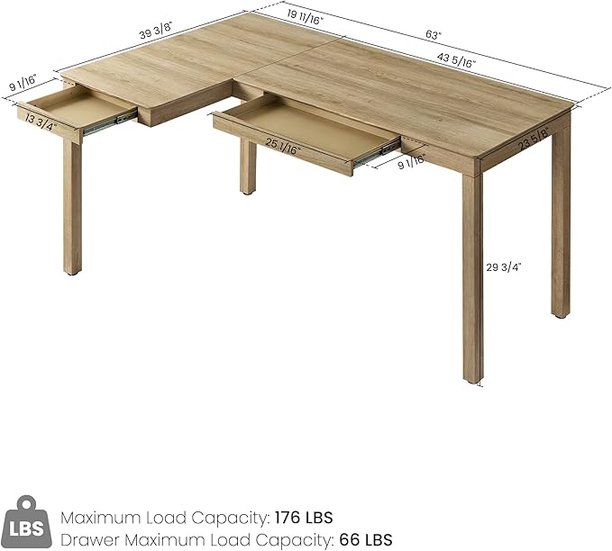 EUREKA ERGONOMIC 63 Inch L Shaped Desk with Drawers Large Executive Computer Corner Table Dual Monitor Wood Furniture Work Desk for Home Office Study Craft Writing Oak Left Side