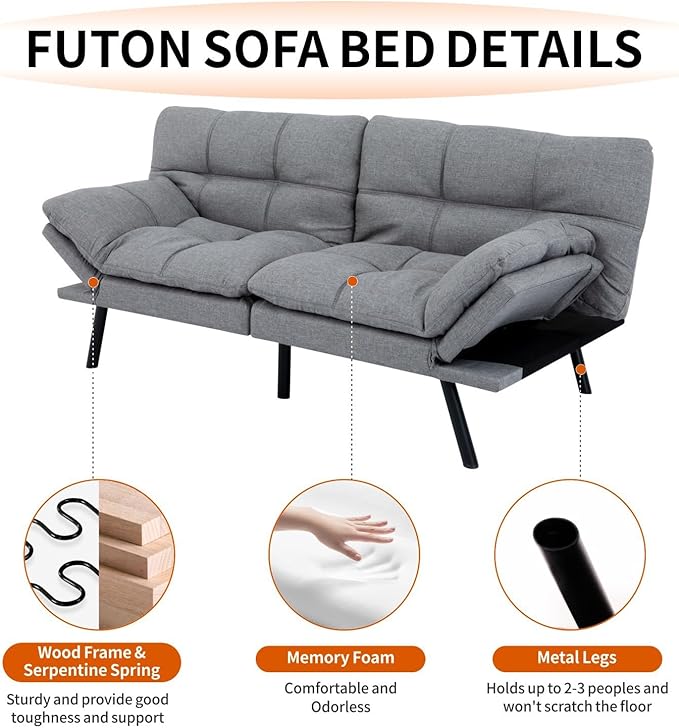 MUUEGM Futon Sofa Bed Modern Memory Foam Futon Couch Sleeper SofaLove seat Convertible Sofa with Adjustable Armrest Backrest for Compact Living Spaces71'' x33''x31.5''Linen FabricGrey