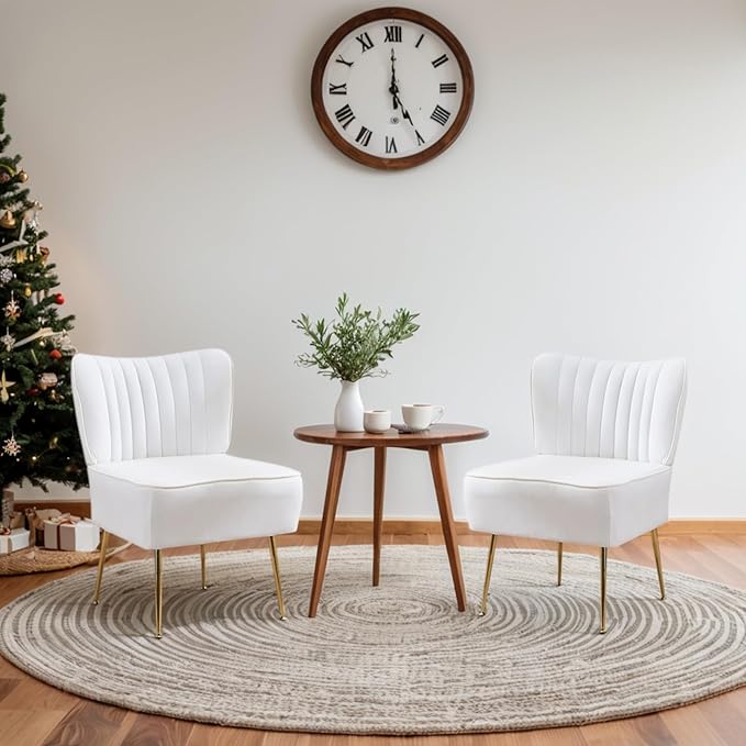 Accent Chair Set of 2 Upholstered Velvet Wingback Side Chairs Modern Armless Living Room Chairs with Golden Legs Vanity Chair for Bedroom White