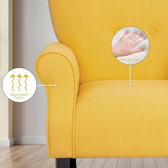 MELLCOM Mid Century Wingback Arm ChairModern Upholstered Fabric High Back Accent Chair with Wood LegsUpholstered Single Sofa Club Chair for Living Room Bedroom Home Office Yellow