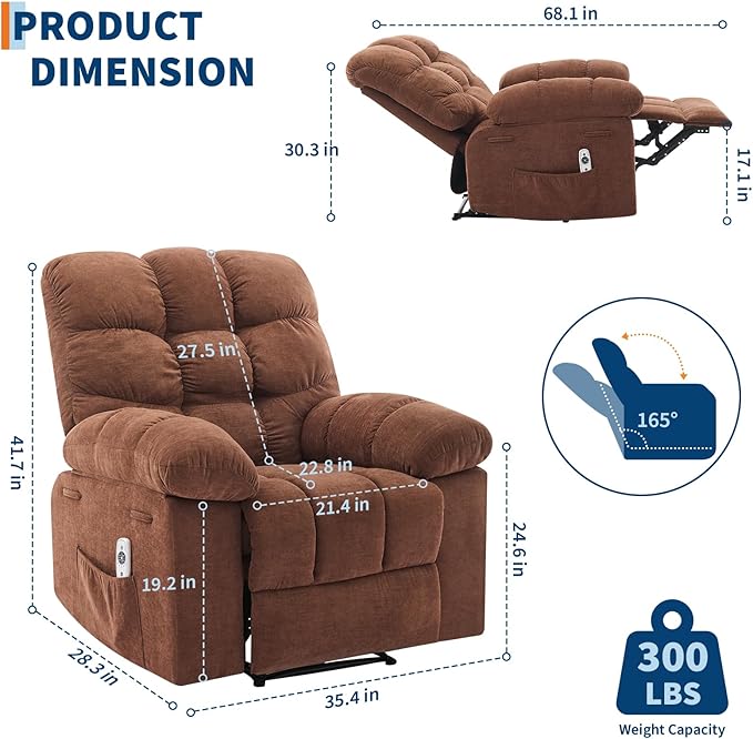 Massage &amp Heating Recliner Chair for Adults 150° Manual Oversized Recliner with Extra Wide Plush Seat Overstuffed Comfortable Single Sofa for Living Room Bedroom Home Theater Brown