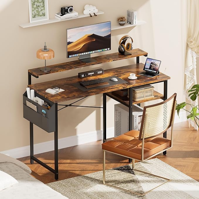HLDIRECT Computer Desk with LED Lights 40Inch Gaming Desk with Monitor Stand &amp Side Storage Shelves Writing Study Table with Storage Bag for Home Office and Bedroom Brown