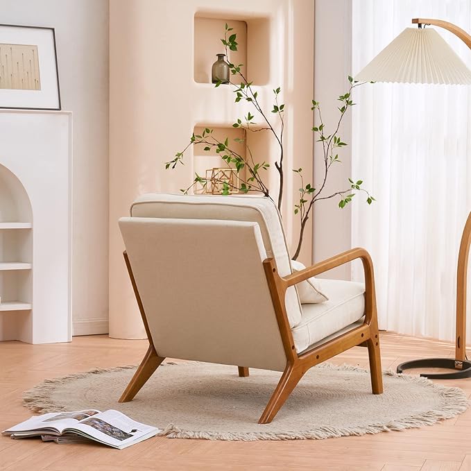 Accent Chair Upholstered Mid-Century Modern Chair with Lumbar Pillow&ampSoft CushionLounge Reading Armchair with Solid Wood Framefor Living Room Bedroom Balcony Beige Set of 2