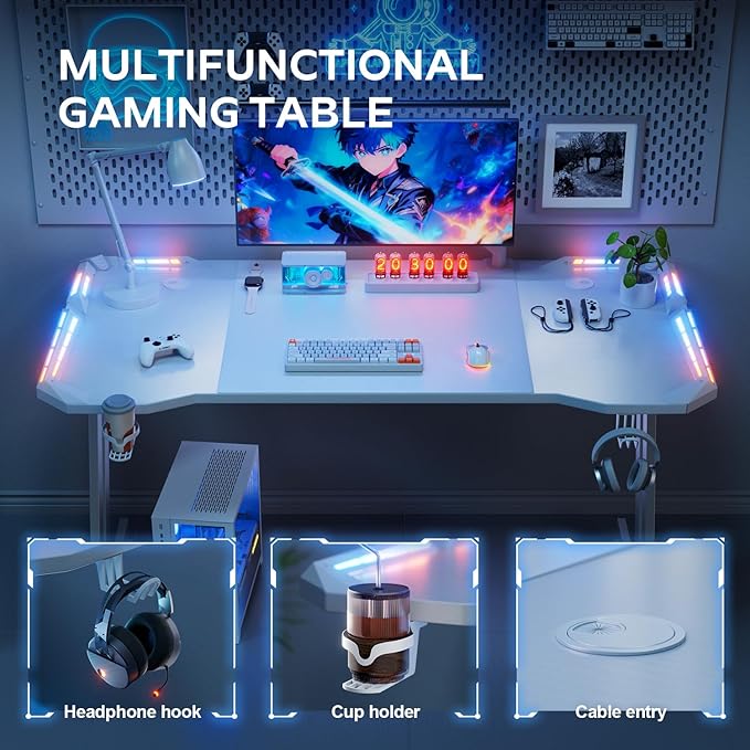 HLDIRECT 63 Inch Gaming Desk with LED Lights Carbon Fibre Surface Gaming Table Large Computer Desk Ergonomic Home Office Desks Z Shaped PC Gamer Workstations with Cup Holder &amp Headphone Hook White