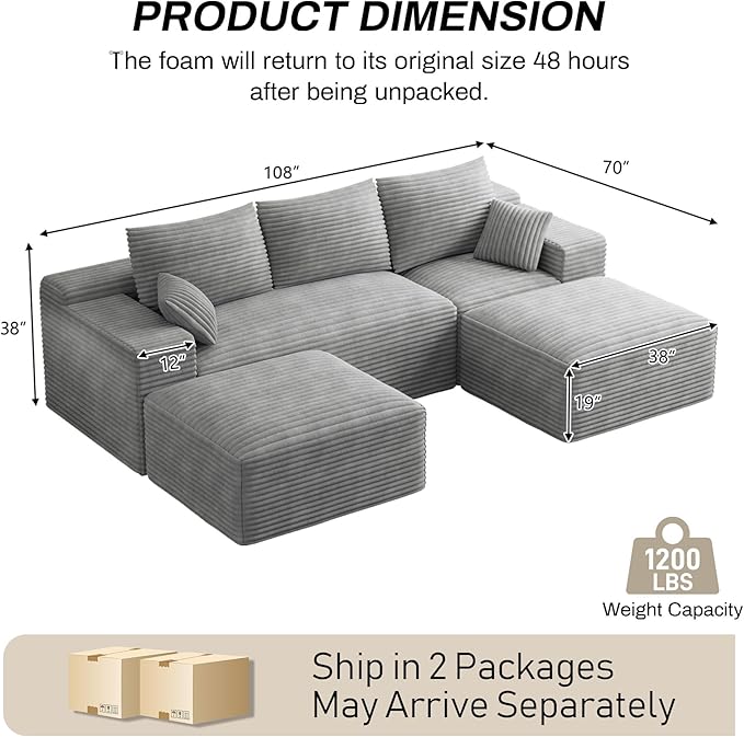 Modular Sectional Sofa Cloud Couch 108'' Comfy U Shaped Sectional Couches for Living Room Deep Seat Cozy Fluffy Corduroy Boneless Couch Sectionals Sofa with Movable Ottomanm Light Grey