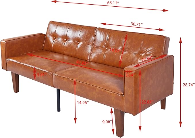 Adjustable Backrest Convertable Sofa Modern PU Leather 2-Seat Futon Sofa Convertible Faux Leather Sleeper Couch with Armrests Couch for Living Room Home Office Spaces