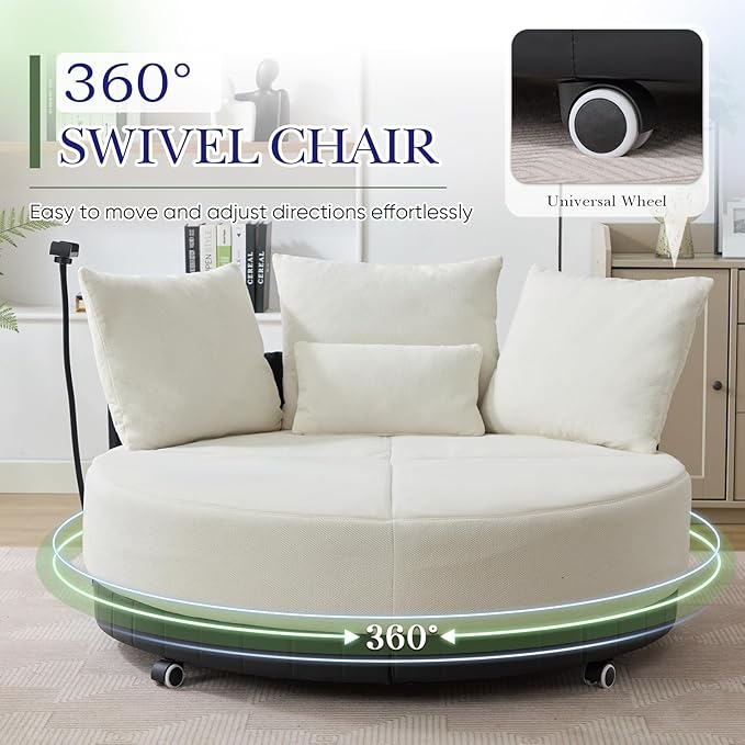 SLEERWAY Oversized Round Swivel Accent Chair Large Circle Barrel Chair and A Half Comfy Upholstered Lazy Sofa Couch with Phone Stand/Wheels Chaise Lounge Daybed for Living Room Bedroom Beige