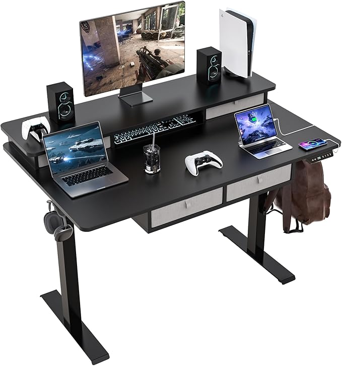 Electric Standing Desk 48 * 30 Inches Adjustable Height with 4 Drawers Double Storage Shelves Home Office Workstation Sit Stand up Desk (Classical Black)