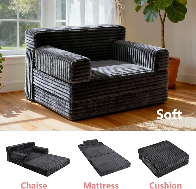 Folding Sofa BedConvertible Sofa Bed with Armrest Foldable Sleeper Chair Portable Folding 4-in-1 Floor Sofa with Convertible Lounge Chair for Living RoomBedroomWashable CoverBlack Single
