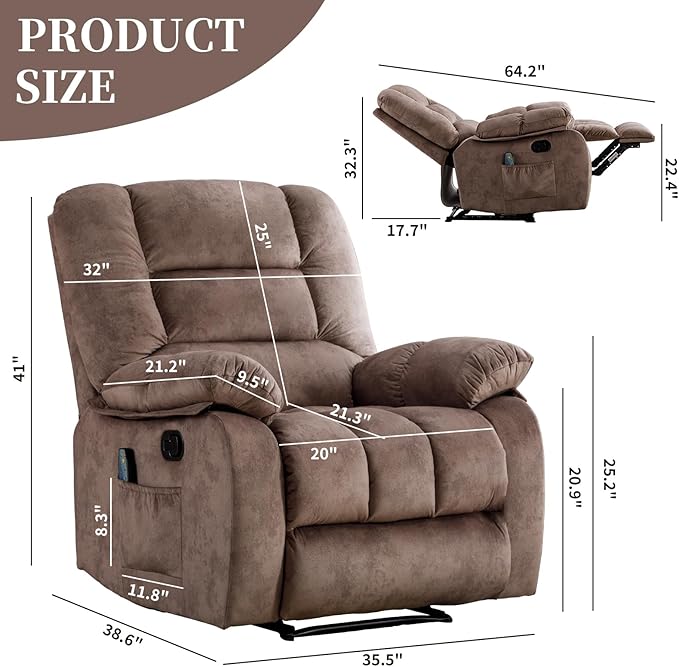 Massage Recliner Chair with Heat and Massage Ergonomic Overstuffed Breathable Fabric Reclining Chairs Single Sofa Chair with Side Pockets for Living Room Home Theater (Caramel)