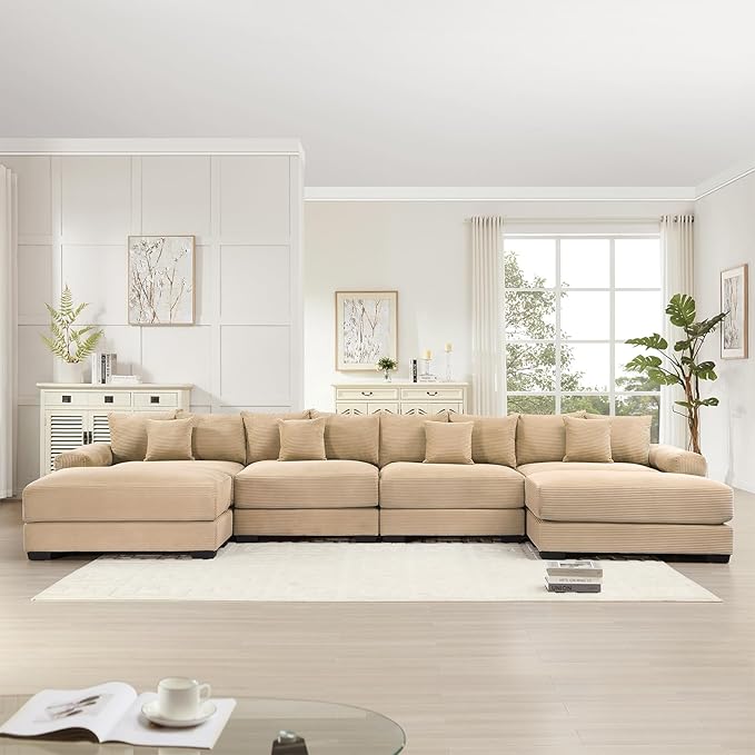168.4 Oversized Modular Sectional Sofa Corduroy Large Sectional Couches for Living Room 4 Seater Couches with 2 Movable Ottomans Modern Deep Seat Sofa Set U Shaped Camel