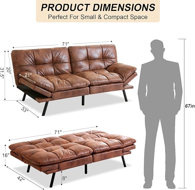 Opoiar Futon Couch Convertible Sofa Bed Memory Foam Faux Leather Brown 3 Seats