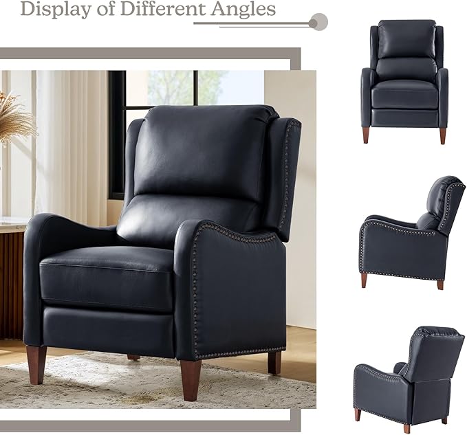 HULALA HOME Genuine Leather Recliner Chair Modern Push Back Recliner Armchair with Thick Seat Backrest &amp Footrest Nailhead Decor for Living Room Bedroom Navy