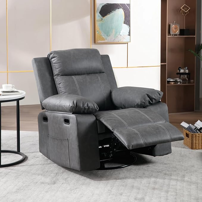 Massage Recliner Chair for Adults360 Degree Manual Swivel Rocker Recliner with Heat and VibrationPU Leather Glider Rocking Reclining Chair for Home Theater SeatingLoungeNurseryLiving Room(Grey)