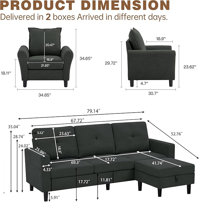 2PCS Sectional Couch Set 3 Seat Sofa and Chair Set with Side Pockets &amp Movable Storage Ottoman Modern Convertible Fabric Corner Lliving Room/Office Sofa Set (3+1Seat/ Black)