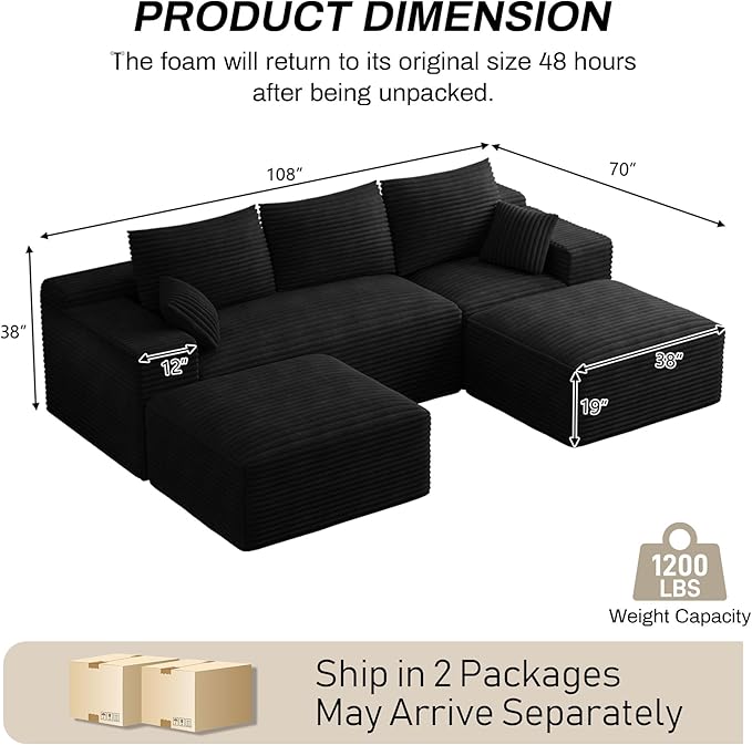 Modular Sectional Sofa Cloud Couch 108'' Comfy U Shaped Sectional Couches for Living Room Deep Seat Cozy Fluffy Corduroy Boneless Couch Sectionals Sofa with Movable Ottomanm Black