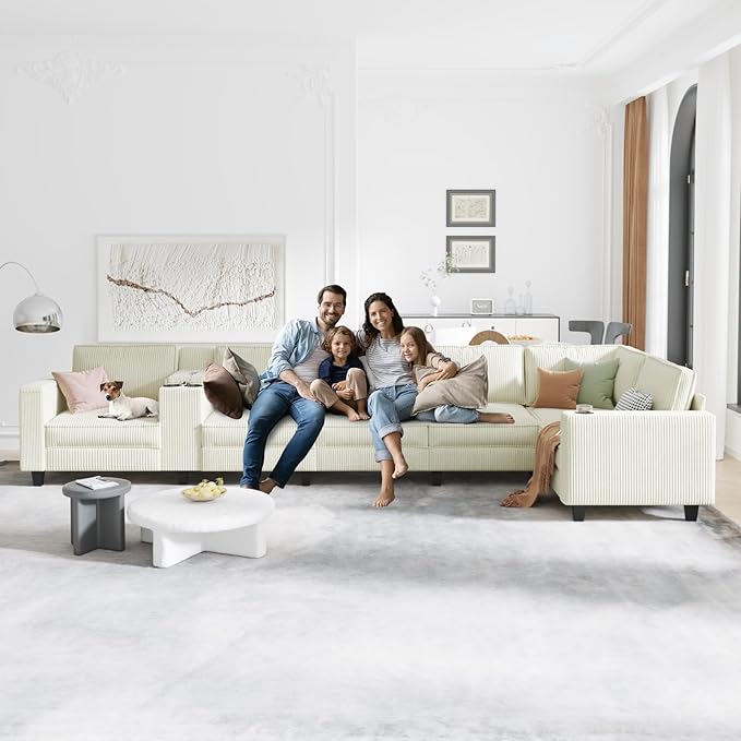 KEIKI 133 L-Shaped Oversized Corduroy Modular Sectional Sofa with Multi Functional Console Convertible 6-Seater Upholstered Couch with USB and 2 Cup Holder Easy Assembly for Living Room Beige