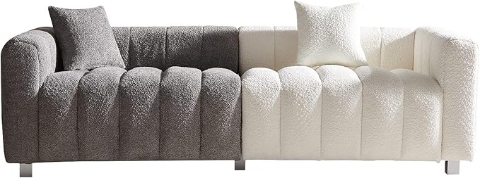 SZLIZCCC 87 Modern Upholstered Sofa Piano-Key Tufted Teddy Velvet Couch 3-Seater Comfortable Living Room &amp Office Sofa (Grey + White)
