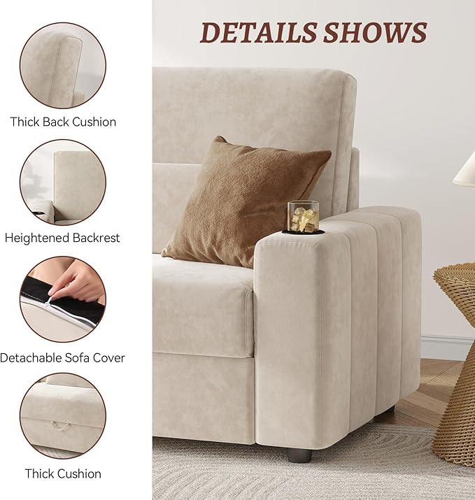 75 Inch Loveseat Sofa Velvet Fabric Couch with Storage Cup Holder Charging Ports Heightened Backrests Removable Cover Modern Comfy Couches Easy Assembly for Small Spaces Apartment