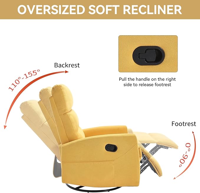 KEIKI Swivel Rocker Recliner Chair with Adjustable Backrest &amp Pockets Ergonomic Lounge Sofa Chair for Living Room Bedroom Yellow