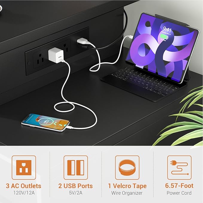 Computer Desk with 2 Fabric Drawers - Reversible Home Office Desk with Power Outlet &amp LED Lights 53 Writing Desk with Monitor Stand &amp Storage Shelves Gaming Desk Study Table with Pegboard