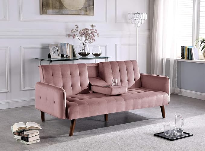 Leno 72 Sleeper Sofa Bed - Convertible Folding Backrest to Full Bed with Cup Holder &amp Drop-Down Table - Space Saving Linen Sofa for Small Spaces - Easy Assembly Rose