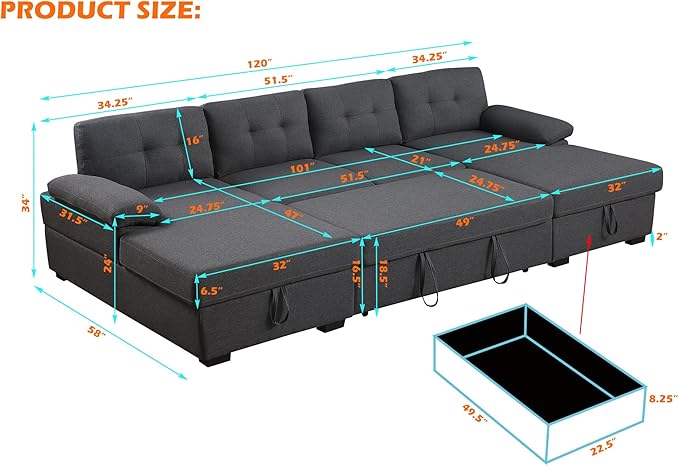 BEEY Sofa Bed 118 Oversized Sleeper Sectional Sofa with Storage Chaise U Shaped Sectional Couch with Pull Out Bed 6 Seater Pull Out Couch Bed for Living Room Bedroom (Dark Grey_4 Seater)