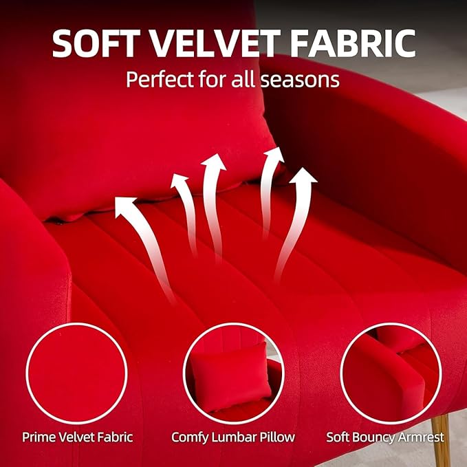 Velvet Accent Arm Chair Mid-Century Modern Living Room Chair Wingback Bedroom Side Chair with Gold Legs &amp Pillow Button-Tufted Red