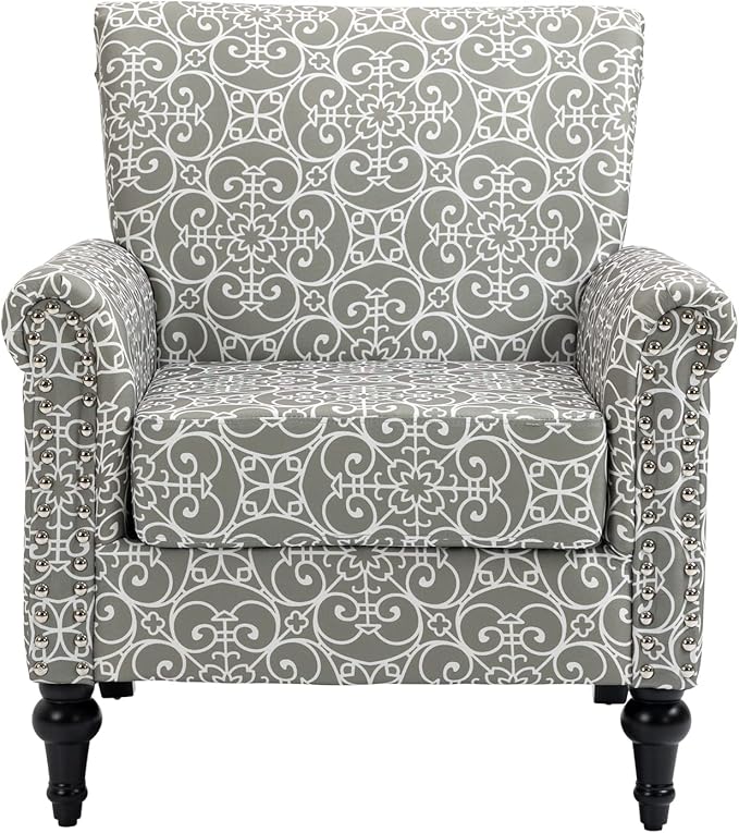 Mid-Century Modern Accent Chair Linen Armchair w/Tufted Back/Wood Legs Upholstered Lounge Arm Chair Single Sofa for Living Room Bedroom Grey