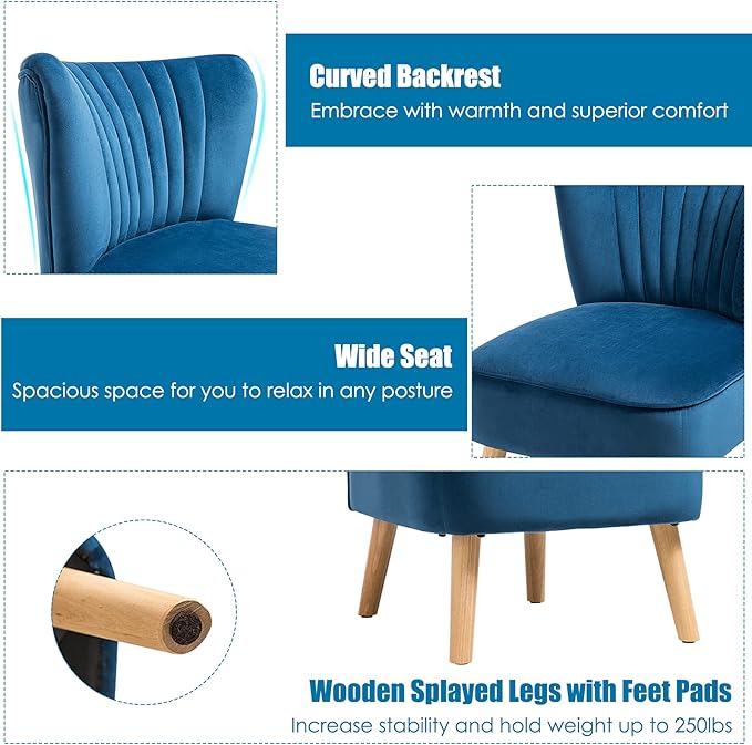 S AFSTAR Armless Accent Chair Velvet Modern Chair with Rubber Wood Legs and Thick Sponge Seat Upholstered Leisure Wingback Sofa Chair for Living Room for Bedroom Living Room (2 Blue)