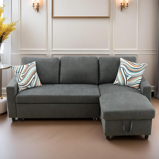 FONTOI Sofa Bed Pull Out Couch Convertible Sectional Sleeper Sofa with Storage Chaise Modern Lounge L Shaped Couch Bed for Living Room Bedroom Small Spaces Grey