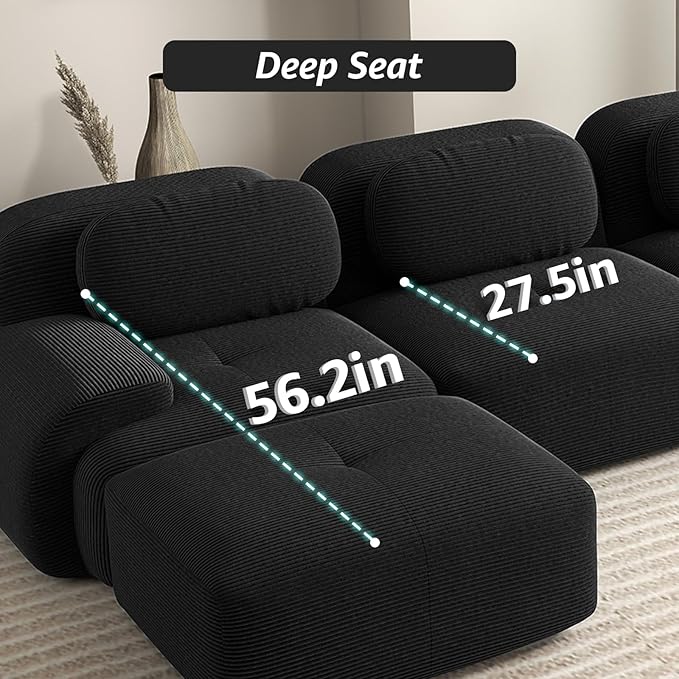 152 Modern Boneless Couches for Living Room Corduroy Cloud Couch Sectional Black Modular Sectional Sofa 4 Seater with 2 Ottoman Sofas para Sala U Shaped Couch (Black 4+2 Set)