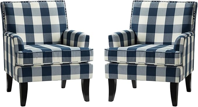 HULALA HOME Modern Accent Chairs Set of 2 Farmhouse High Back Buffalo Plaid Chairs with Wooden Legs &amp Nail Head Trim Comfy Upholstered Armchairs for Living Room/Bedroom (Buffalo Navy)