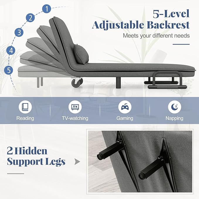 Giantex Convertible Sofa Bed 3-in-1 Folding Sleeper Chair with 5-Position Adjustable Backrest Wheels 2 Legs Recliner Chaise Lounge with Pillow Armchairs for Nursery Living Room Office (Gray)