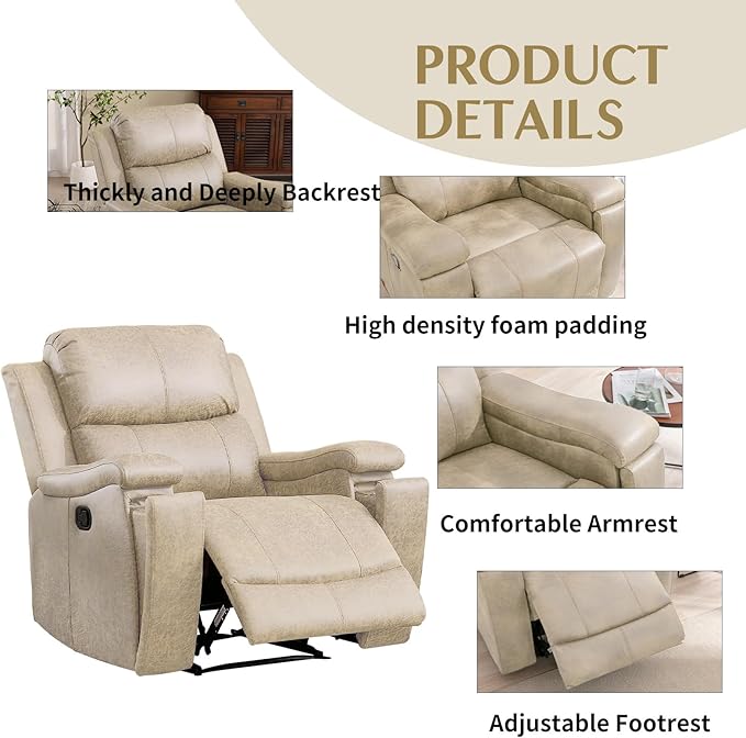 CANMOV Leather Recliner Chair Classic and Traditional Manual Recliner Chair with Overstuffed Arms and Back Manual Single Sofa with Concealed Cup HoldersBeige